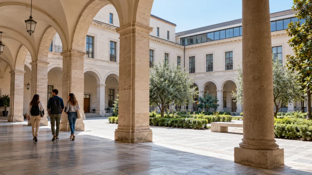 University courtyard with arcades and adult students
