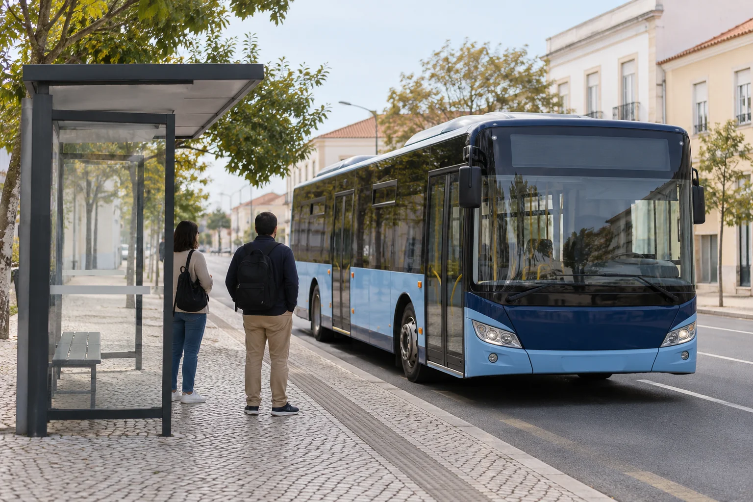 A bus beside a shelter with passengers waiting