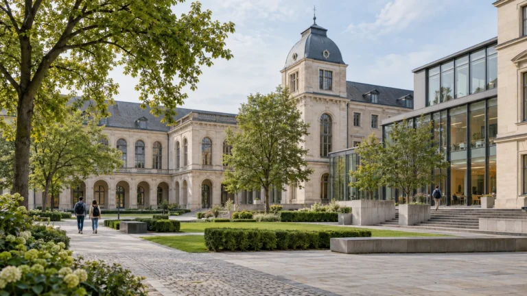 Illustration of a university courtyard with historic and modern buildings