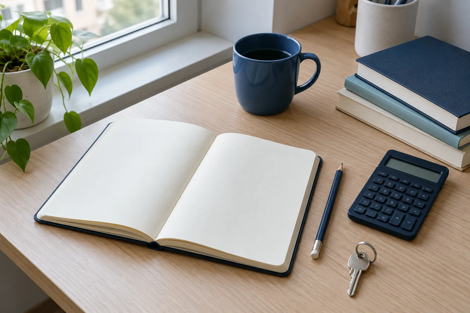An open notebook, calculator, books and a key on a desk