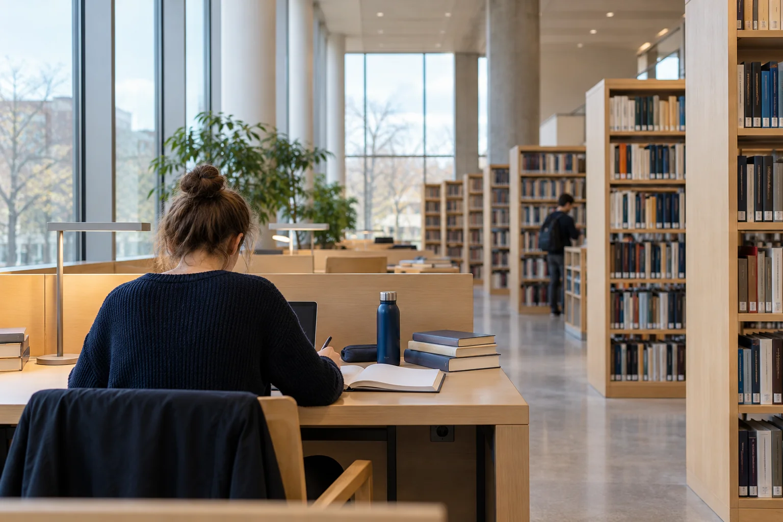 A student at a desk in a bright library reading room